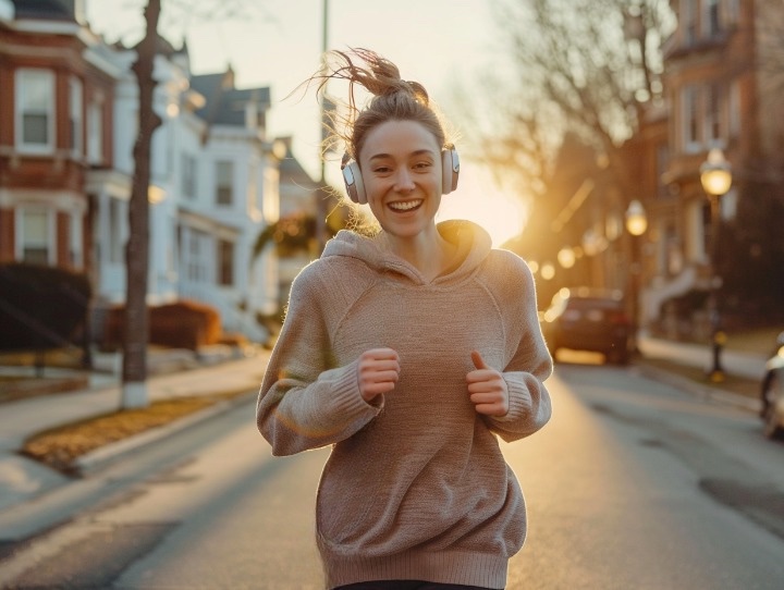 Frau joggt lachend durch leere Stadtstraßen bei Sonnenaufgang – steht für innere Motivation, Leichtigkeit und bewusste Bewegung ohne Zwang.