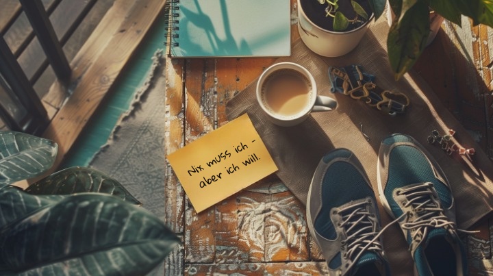 Minimalistische Schreibtischszene mit frechem Sticky Note, offenem Bullet Journal und Espresso – Symbol für Klarheit, Humor und selbstbestimmte Zielsetzung.