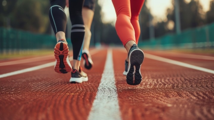 Männlicher und weiblicher Läufer auf einer urbanen Laufstrecke, einer trägt auffällige Carbon-Laufschuhe, der andere klassische Laufschuhe – sportliches Vergleichsmotiv mit natürlichem Hintergrund.