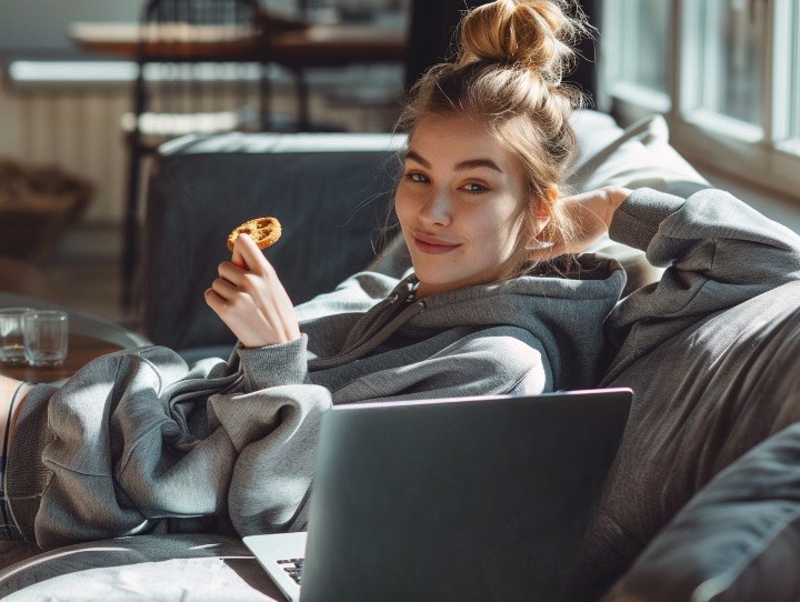Frau in Hoodie liegt entspannt mit Keks und Laptop auf der Couch – Darstellung von Selbstironie, Scheitern mit Haltung und Zielarbeit ohne Druck.