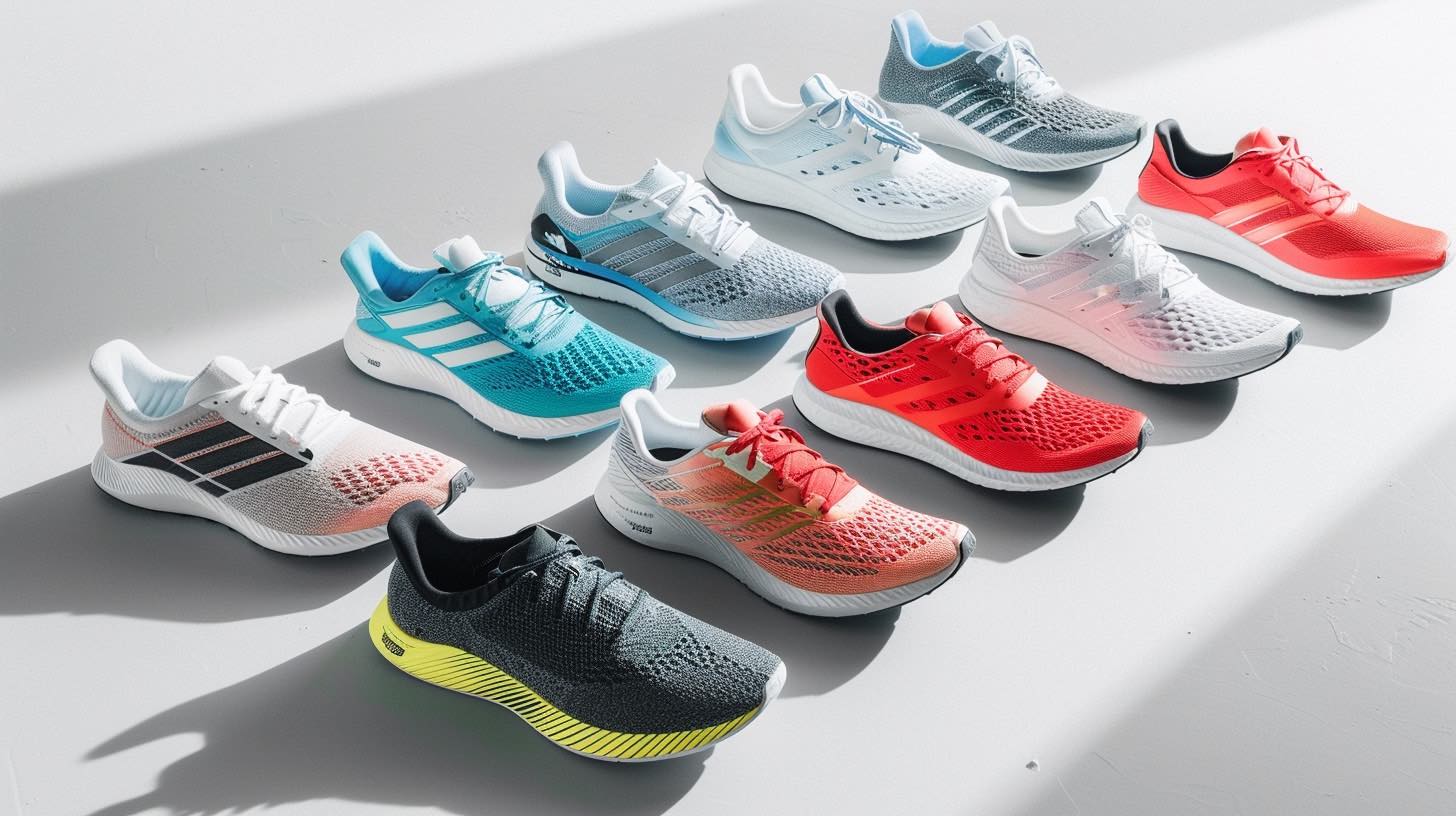 Sechs Marathon-Laufschuhe von oben, Carbon- und klassische Modelle im Vergleich, auf hellem Hintergrund angeordnet