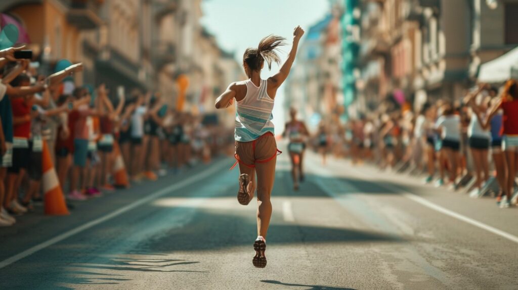 Marathonläuferin läuft durch das Zielband vor stimmungsvoller Stadtkulisse