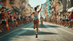 Marathonläuferin läuft durch das Zielband vor stimmungsvoller Stadtkulisse