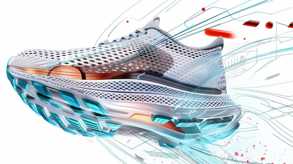 Carbon-Laufschuhe Funktion. Ultra detailliertes Bild eines Laufschuhs vor weißem Hintergrund. Technisch ästehtisch.