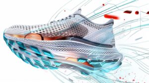Carbon-Laufschuhe Funktion. Ultra detailliertes Bild eines Laufschuhs vor weißem Hintergrund. Technisch ästehtisch.