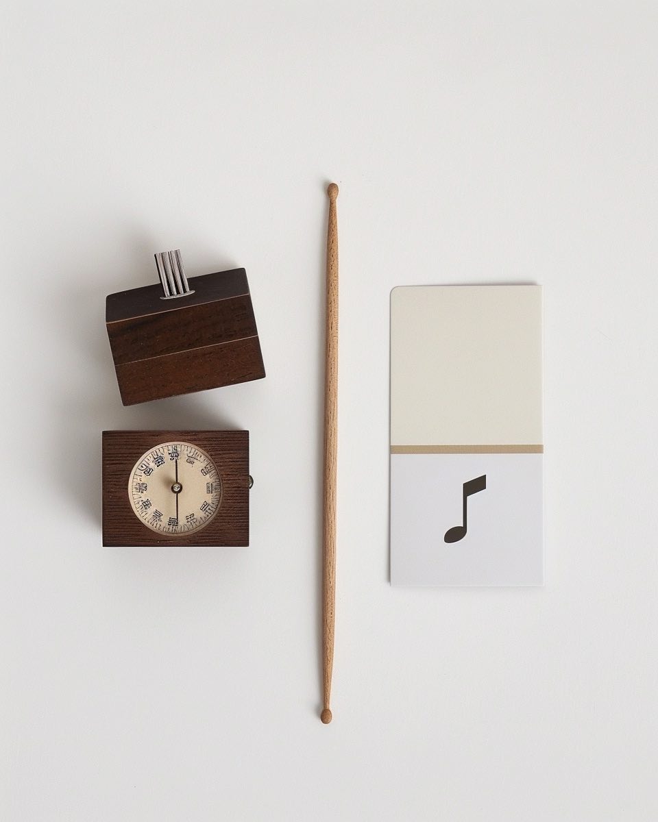 Minimalistisches Stillleben mit Metronom, Drumstick und Musiknote als Symbol für Rhythmus und die Pomodoro Variante.