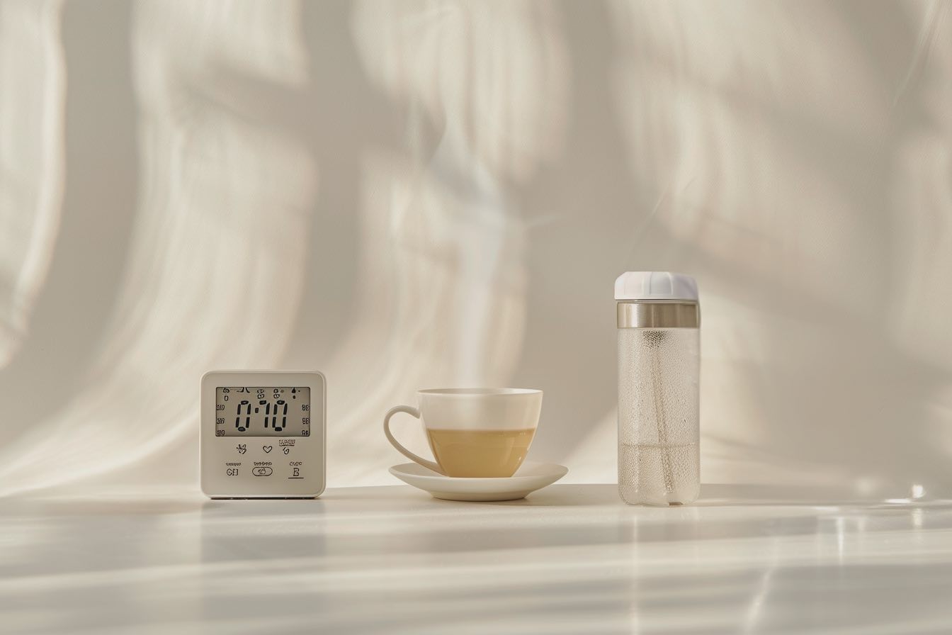 Minimalistisches Stillleben mit digitalem Timer, Teetasse und Wasserflasche als Symbol für Energiemanagement und Pomodoro Variante.